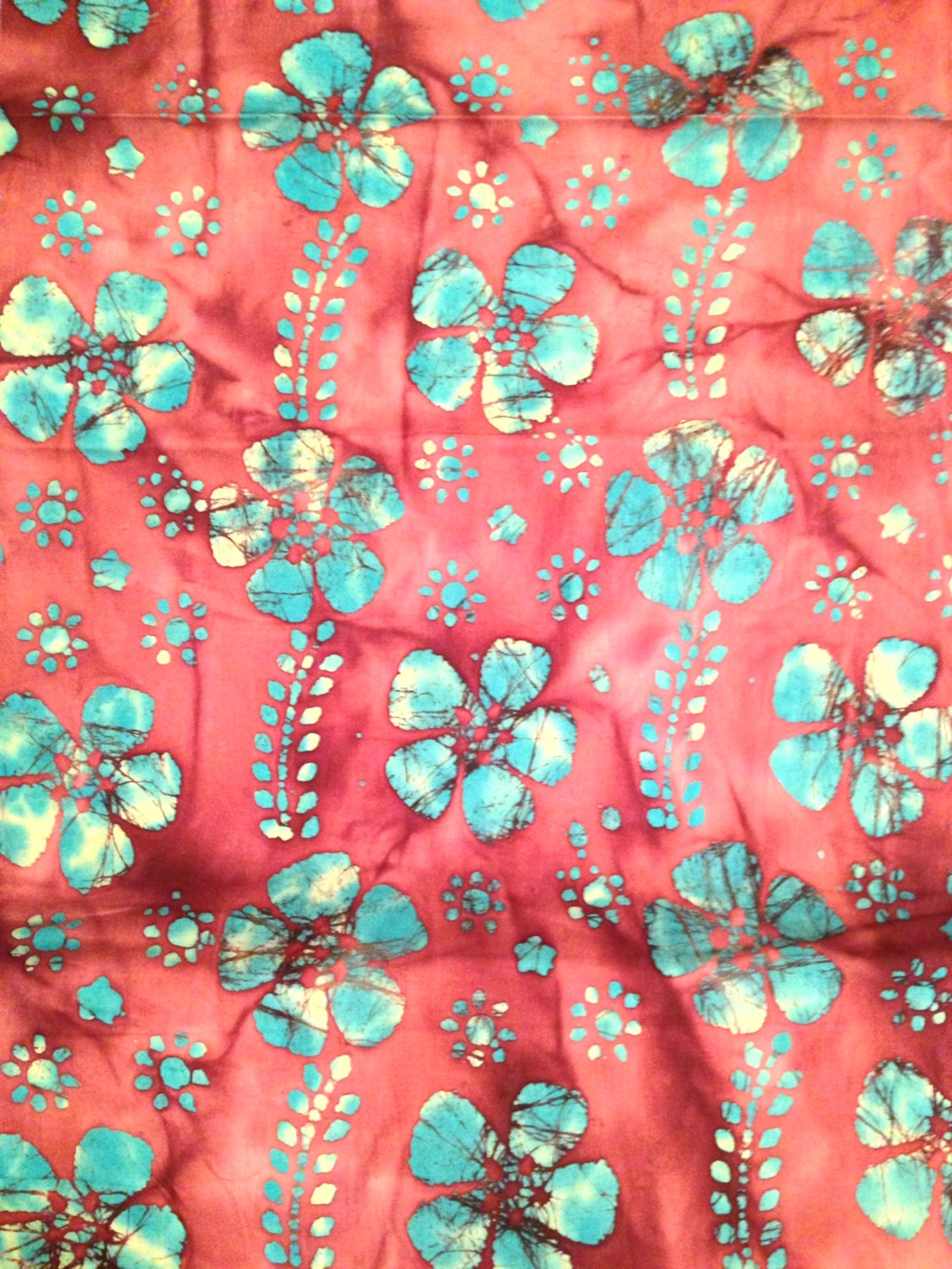 Coral and blue batik fabric by the yard by BlueSheepBoutique