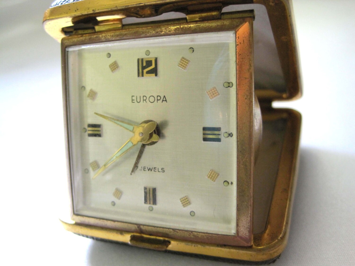 Vintage Europa 7 Jewels Folding Travel Clock 1950s Black
