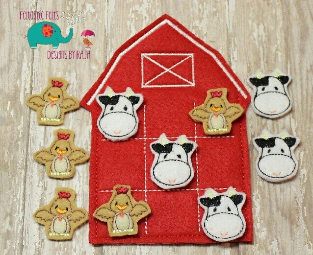 Barn farm animal Tic Tac Toe game embroidered board games