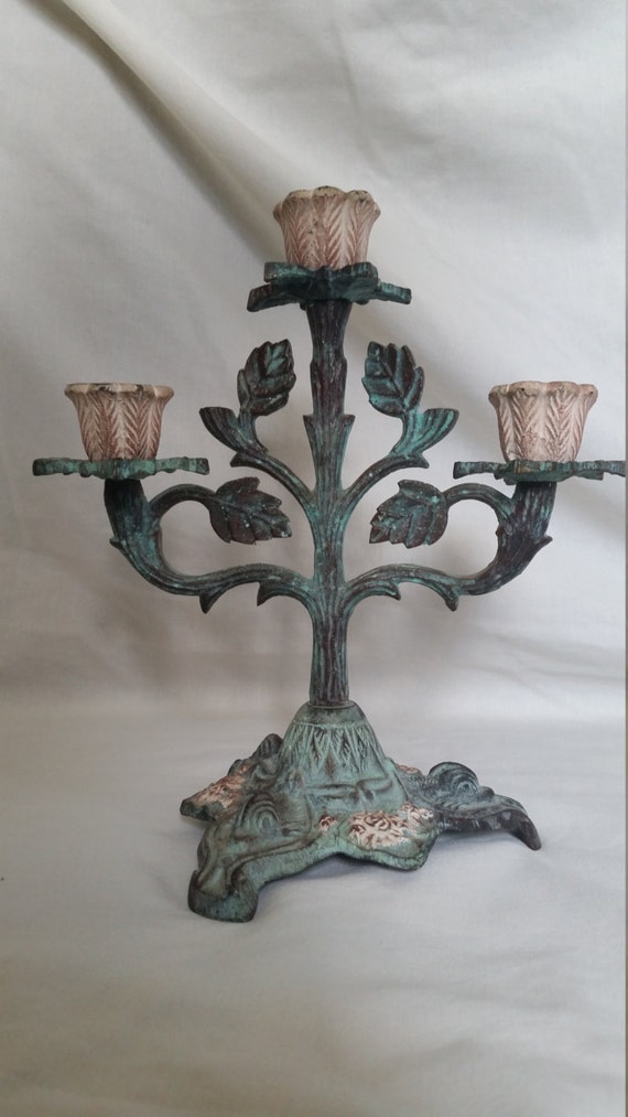 Heavy Cast Iron Candelabra with Verdigris Patina