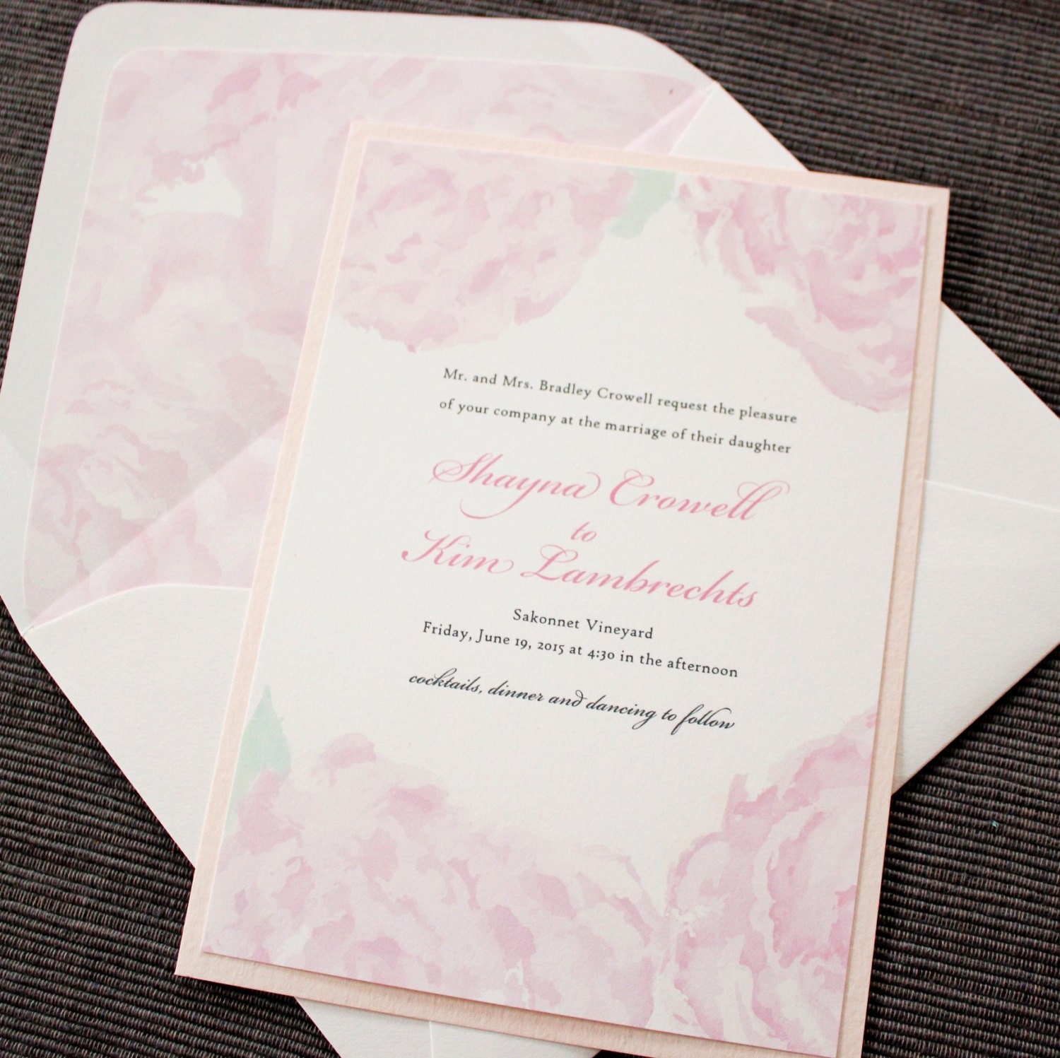 Watercolor Peony Wedding Invitation Blush Pink White Grey