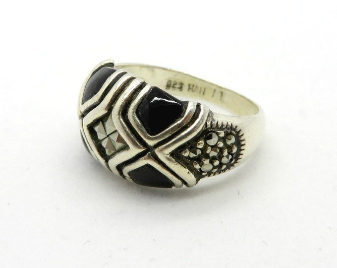 Vintage Sterling Silver Onyx Ring, Black Onyx & Marcasite Ring, Domed Band, Size 6