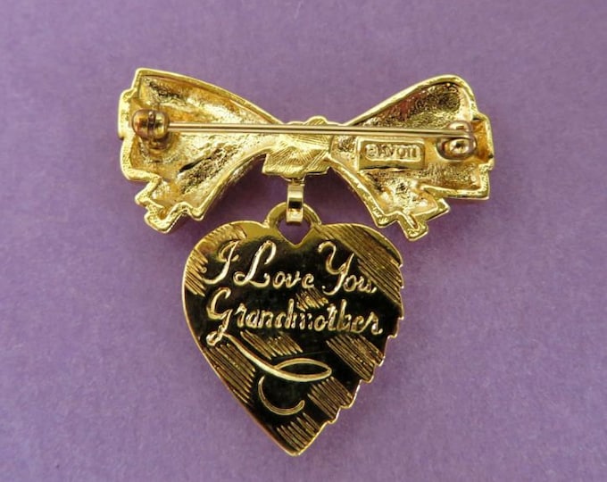 AVON Heart Brooch, Vintage "I Love You Grandmother" Dangling Heart & Bow Pin