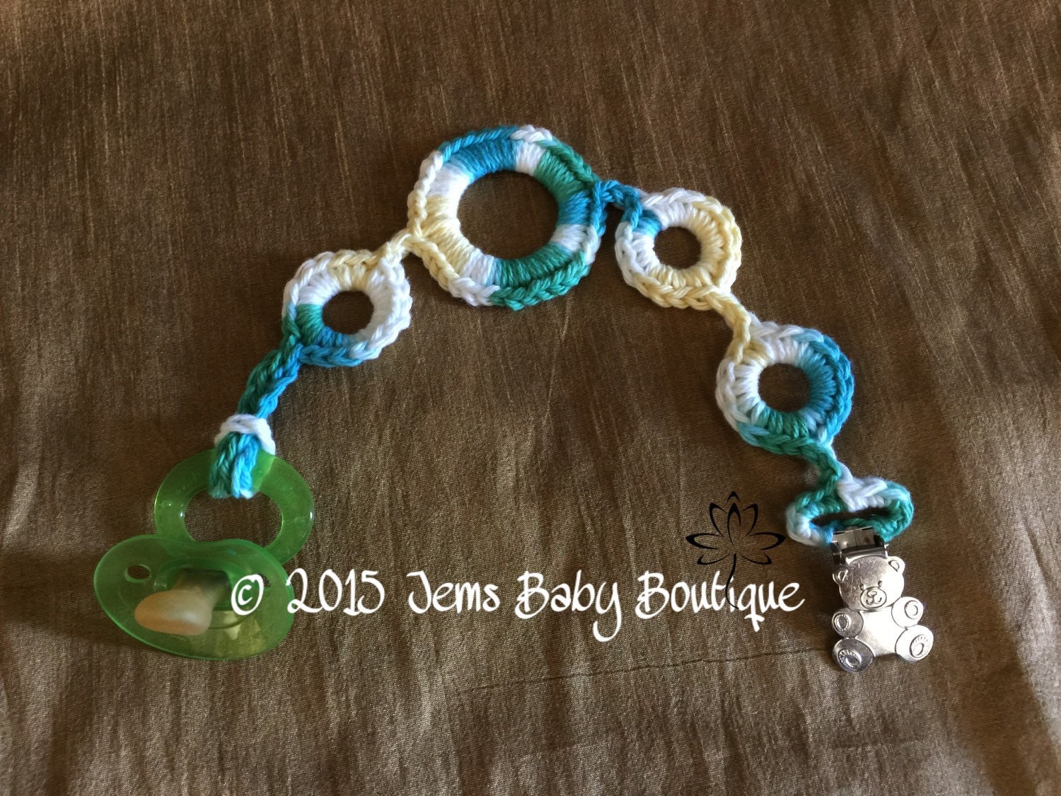 Crochet pacifier holder with bear clasp Ready to Ship cotton