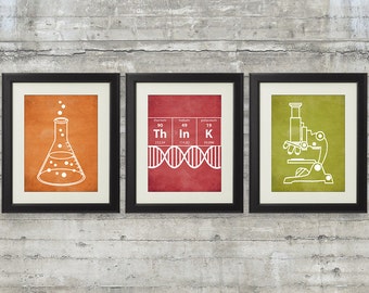 Nerdy Science Art - set of 3- 8x10 Prints with Erlenmeyer Flask, DNA, Elements for science themed bedroom or nursery