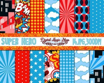 Superhero digital paper, Seamless Patterns- 14pcs 300dpi (paper crafts, card making, scrapbooking) Commercial use