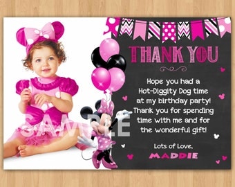Minnie Mouse Thank You Card with Photo, Minnie Thank You Card Note, Minnie Mouse Printable Chalkboard Thank You matches Birthday Invitation