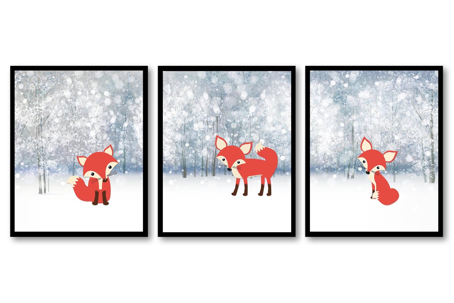 Fox Nursery Art Woodland Tree Nature Landscape Prints Set of 3 Baby Wall Decor Foxes Forest Woodland