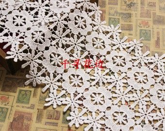 White Cotton Lace Fabric flower Water soluble Embroidery lace Trim 22 cm wide