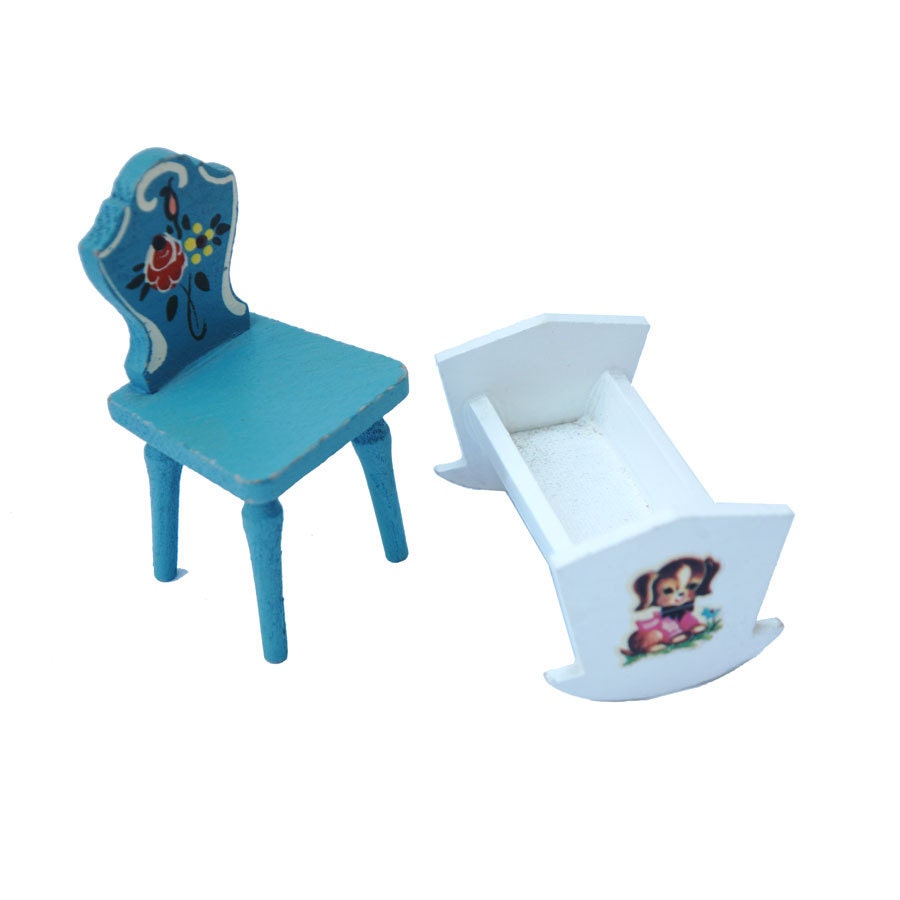 Miniature Dollhouse Painted Wooden Chair and Baby Cradle / Vintage Doll House Furniture