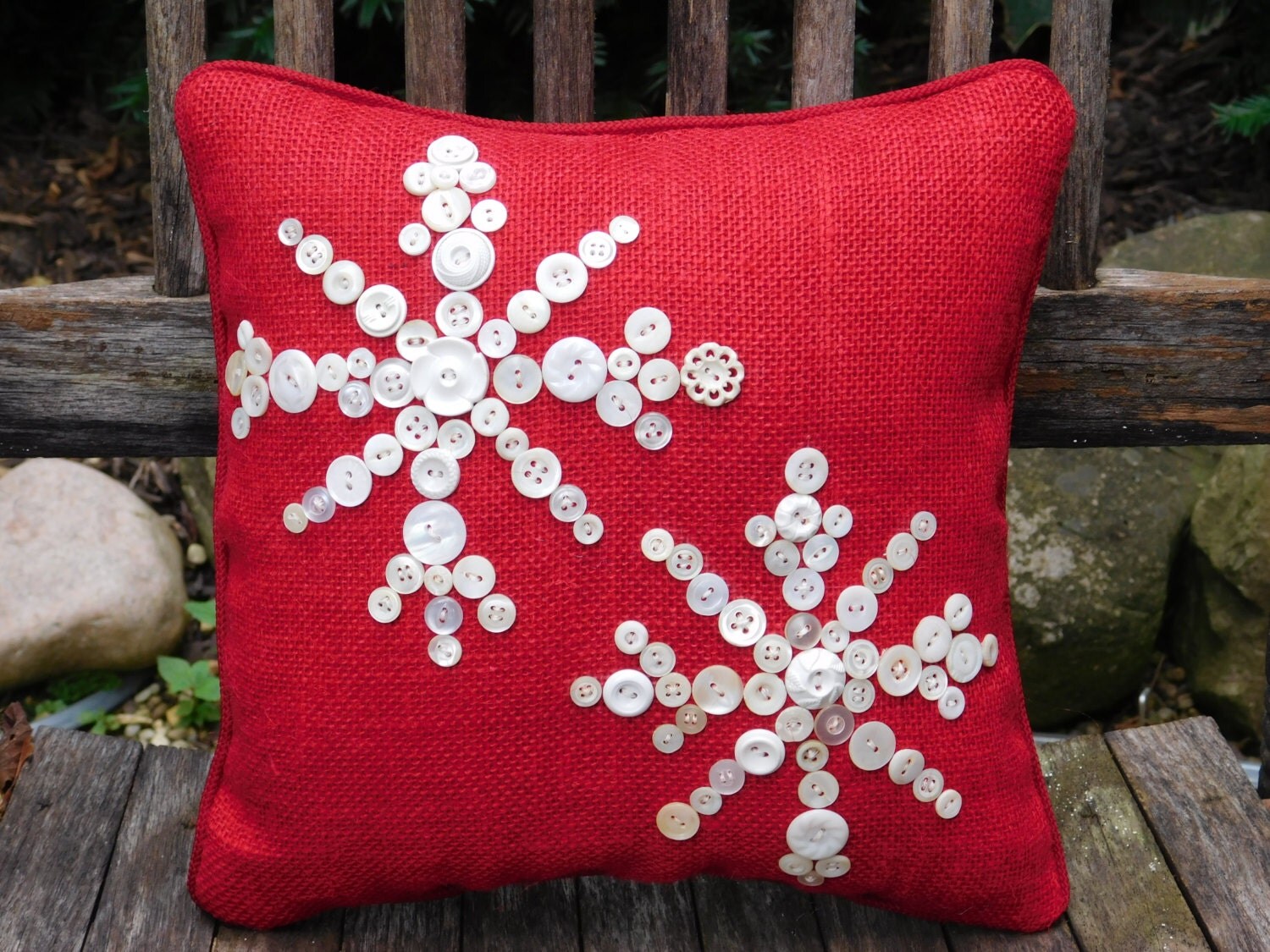 Snowflake Pillow Holiday Decor Red Burlap Pillow Christmas