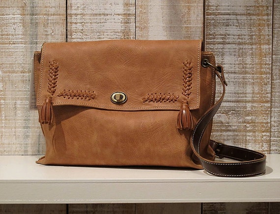 Medium size crossbody bag caramel leather purse tan leather