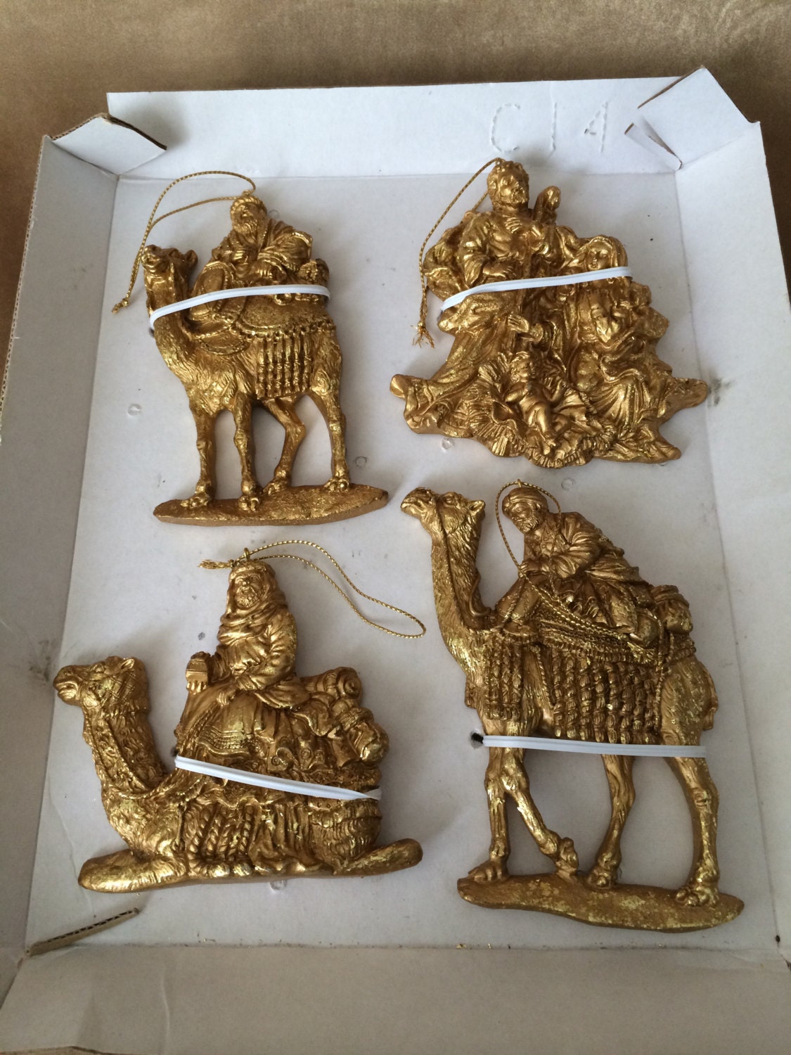 Vintage Ornaments Gold Nativity Set Christmas by DotnBettys