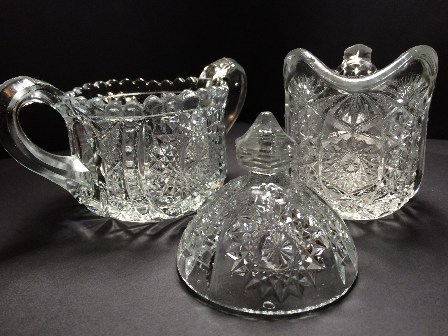 Pressed Cut Glass creamer and sugar bowl by Studio72Fairfield