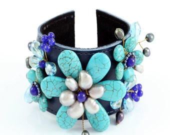Leather Cuff Bracelet for Women, Decorative Cuff Bracelet, Blue Cuff, Turquoise Cuff, Floral Cuff Bracelet, Wired Cuff, Blue Leather Cuff