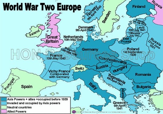 Printable World War 2 Map Of Europe | world war two europe printable history map by honresourcesshop Printable World War 2 Map Of Europe | world war two europe printable history map by honresourcesshop