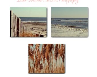 Rustic beach decor, photography canvas art set of 3 coastal gallery wraps, beach art canvas, mint blue rust brown nautical canvas art ocean