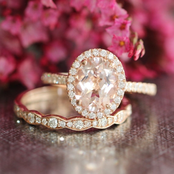 7x9mm Oval Morganite Rose Gold Wedding Set Diamond Bridal ...