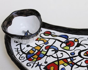 Tapas Sushi Tray with bowl hand painted Miro inspired,Ceramic long Dish handmade,sushi serving set, appetizer tray, serving set, fruit plate