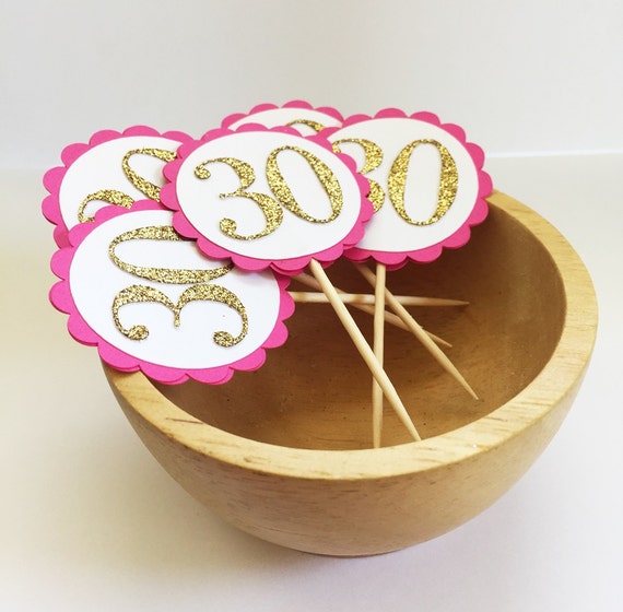 12 Gold Pink Glitter Cupcake Toppers with Number / Cocktail