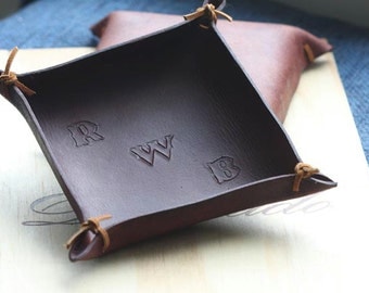 Leather Valet Tray; Monogrammed Valet Tray; Leather Catchall; Tooled Initials; Leather Tray; Third Anniversary Gift; Phone Holder