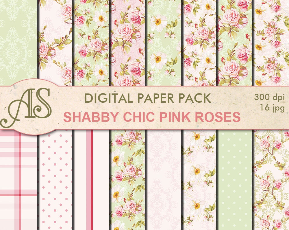 Digital Shabby Chic Pink Roses Paper Pack 16 printable