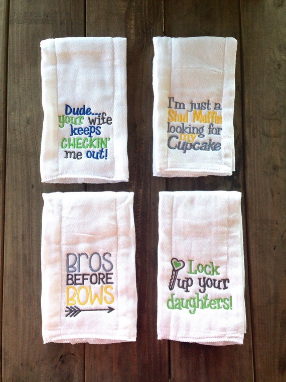 Set of four embroidered burp cloths funny burp by BusyBowsbyMandy