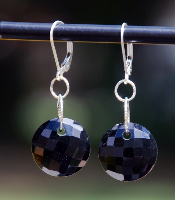 Handmade Black Onyx earrings faceted black onyx round