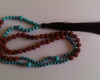 Handmade seed,stone bead with tassle necklace.