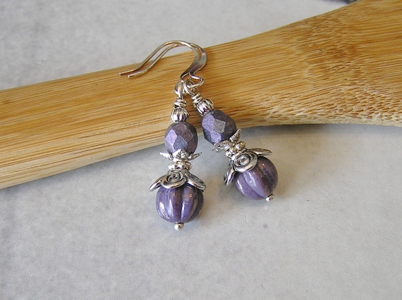 Purple Earrings with Czech Orchid Aqua Polychrome Beads, Czech Opaque ...