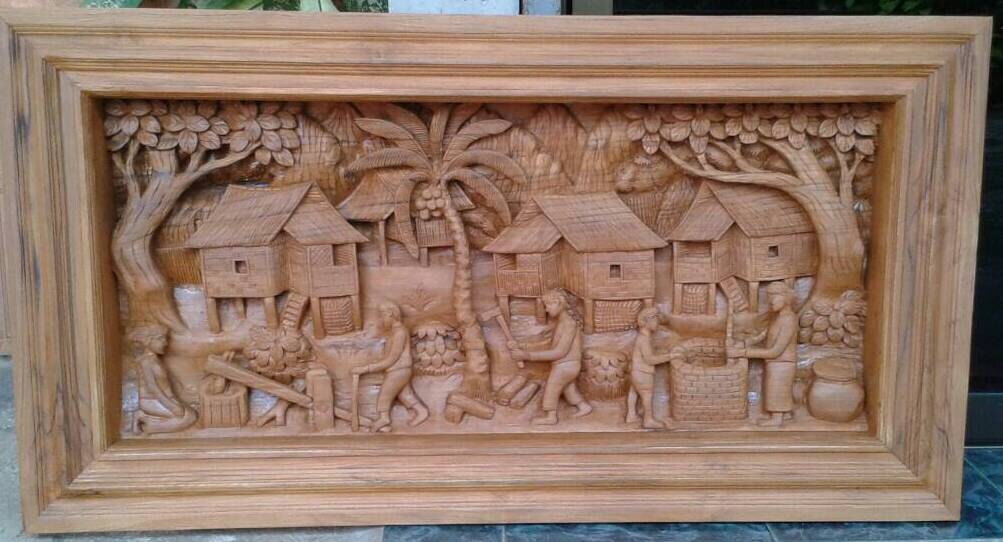 Small carved teak wood wall art decor 3D panel with beautiful