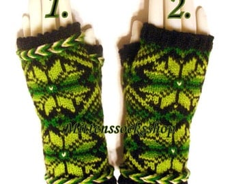 Green Black Hand Knit Fingerless Gloves Women's Fingerless Gloves Wrist Warmers Hand Warmers Arm Warmers Hand Knit Wool Fingerless Mittens