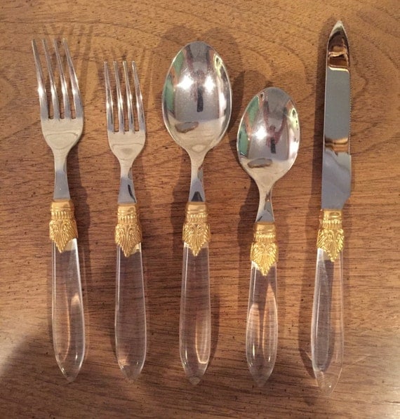 Vintage 20 Piece Set of Lucite and Gold Stainless Flatware