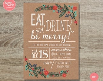 Eat, Drink and Be Merry Christmas Party Invitation // 5x7 Holiday Party Invitation - Rustic Holiday Invite - Festive Holiday Party Invite