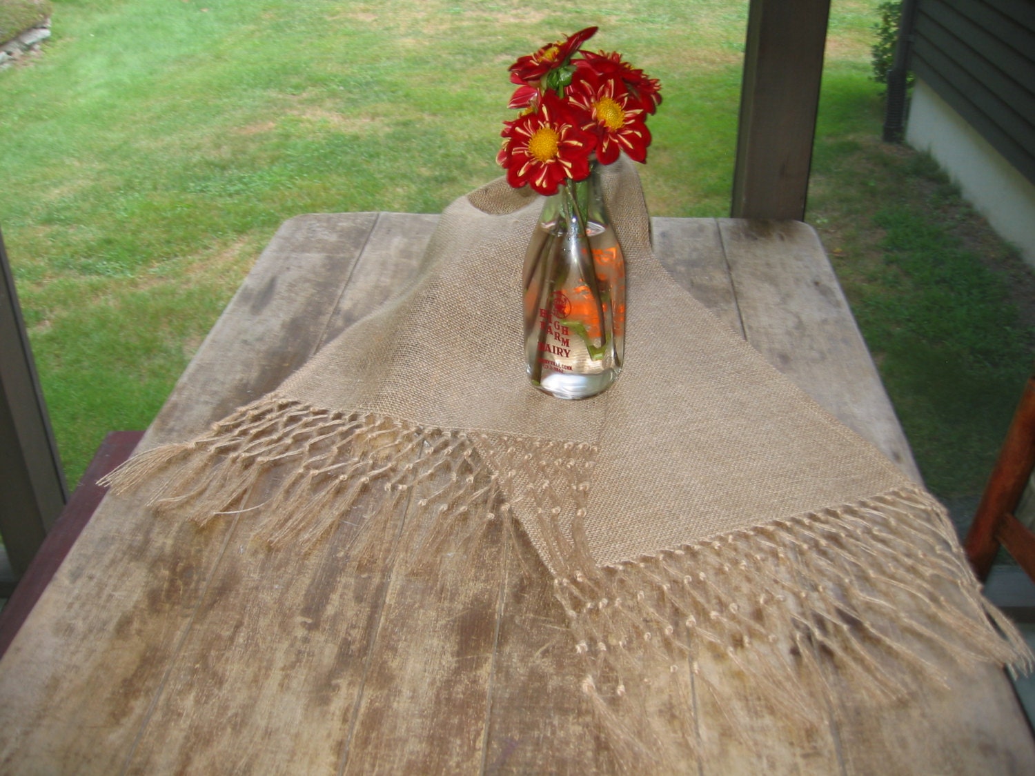 Rustic Burlap Knotted Fringed Table Runner / Dresser Scarf