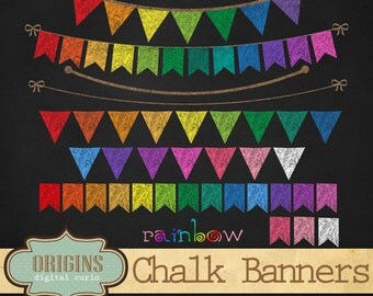 Rainbow Chalkboard Bunting Banners Clip Art, Back to School clipart, school banners, PNG Clipart set for Commercial Use, DIY Make Your Own