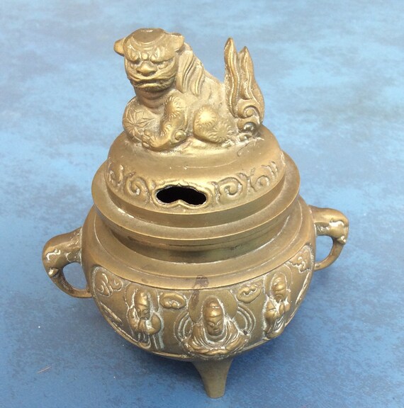 Vintage Foo Dog Solid Brass Incense Burner