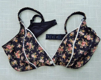 80's Floral Bra, Exclusif Hennes Mauritz Bra Size 75B, Summer Bra, Navy Blue Colorful Roses Pattern Bra, Vintage H&M Bra, Boho Floral Bra