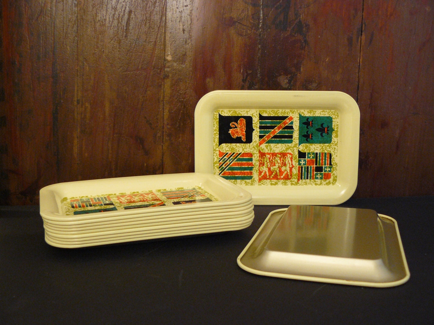 Vintage Metal Snack Trays Set of 11 Shield Heraldry Design Haute Juice