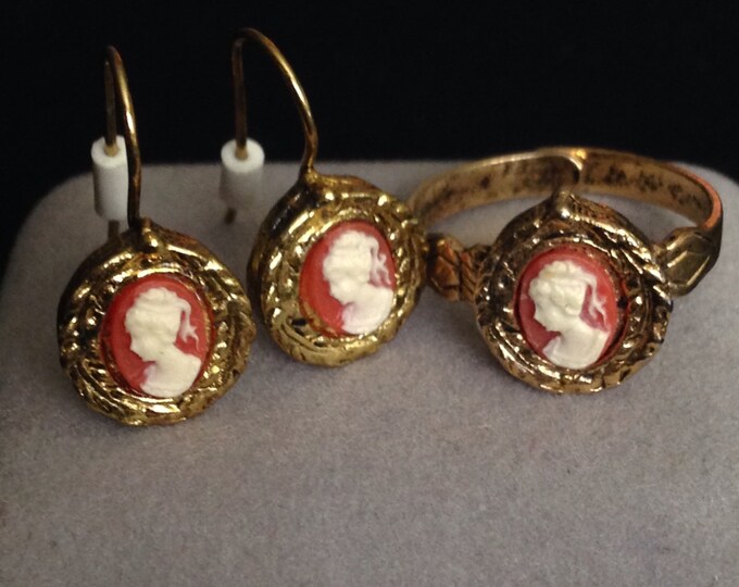 Storewide 25% Off SALE Vintage Gold Tone Rose Designer Pierced Cameo Earrings With Matching Adjustable Cocktail Ring Featuring Petite Profil