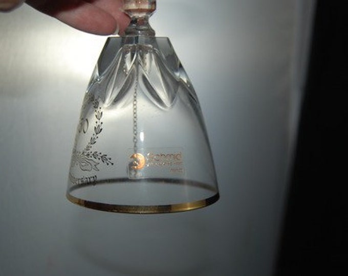 Storewide 25% Off SALE Vintage Original Schmid Clear Crystal Handled Anniversary Bell Featuring Gold Leaf Design And Writing With Iconic Cry