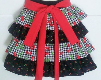 Retro Half Apron, Black Gingham, Cherry, Cherries, Red and Black, Ruffled Apron, Cherry, Ruffles, KitschNStyle
