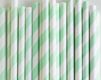 25 mint and white striped paper straws