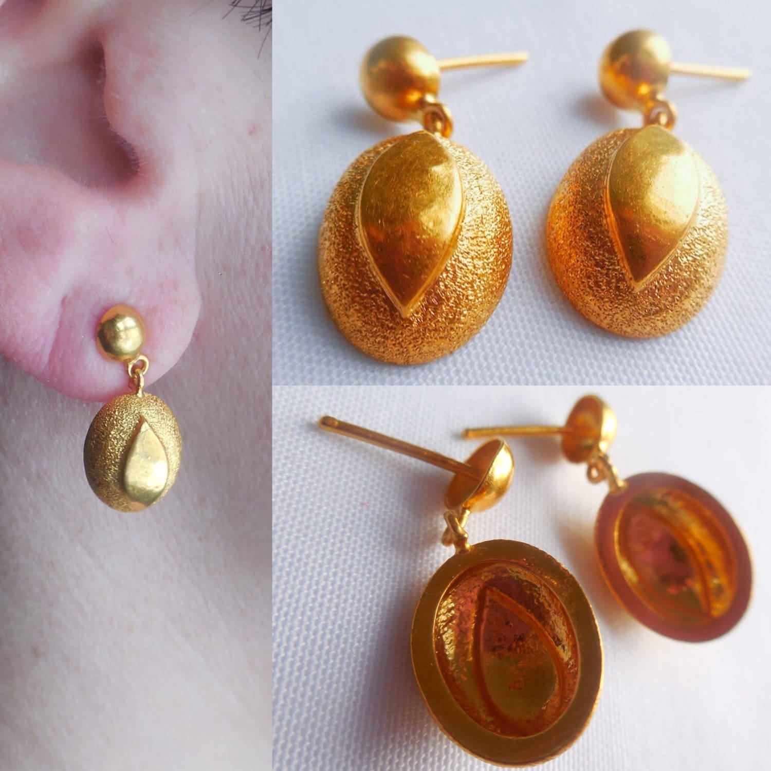 SALE Solid 24k Handmade Gold Dangle Laos Earrings Gold