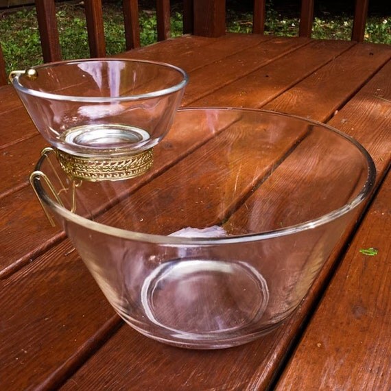 Vintage Clear Glass Chip and Dip Bowl with Gold Holder