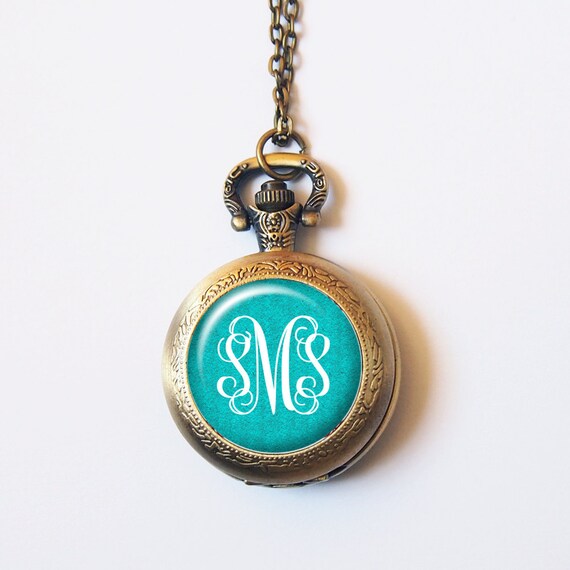 Personalized Pocket Watch Turquoise Striped by Flowercatjewelry