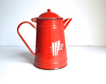 Red Enamelware Coffee Pot Large Red Coffee Pot Made in Romania
