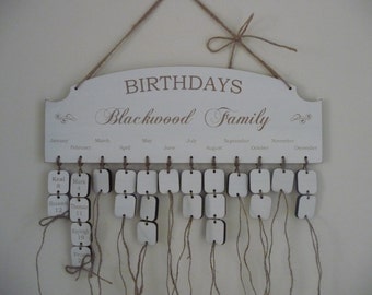 Personalised Family Birthday Board, Wooden Family Birthday Calendar, Anniversary Reminder Plaque, Shabby Chic Family Calendar