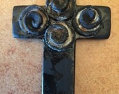 Rustic Cross-Mexico Art Soft Black Color Decor distressed paint swirl flowers accent Fridge magnet Planter or Mirror sitter