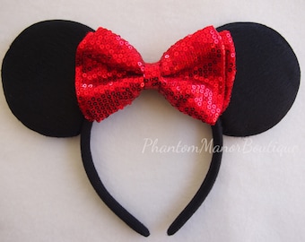 Minnie Mouse Ears - Sequins Red Bow Headband Wedding Mickey Disney Princess Bridesmaid Birthday Sequin Bling